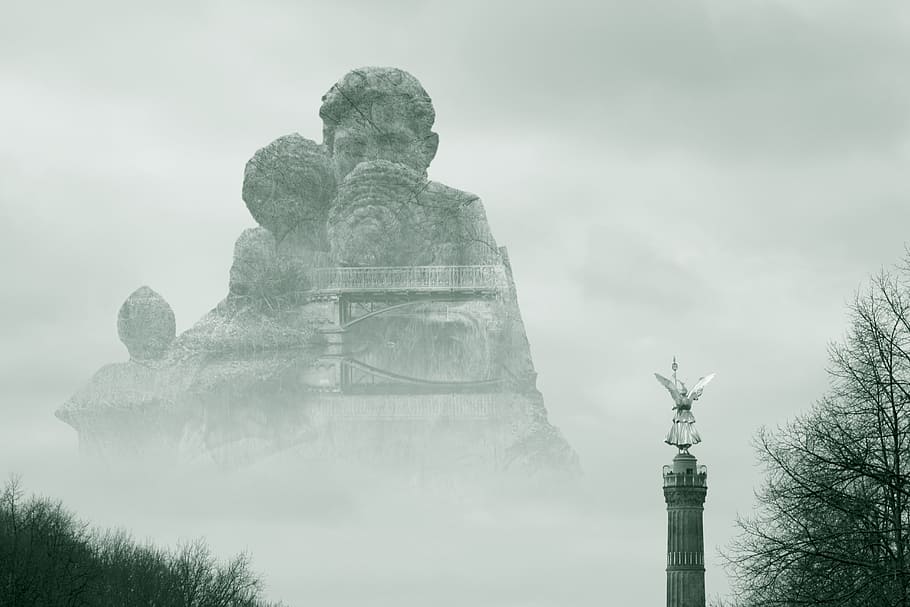 gray male momunent, statue, monument, column, tree, mist, fog