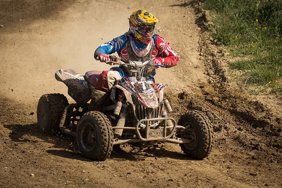 Person Riding Atv Quadbike, action, daytime, dust, fast, helmet HD wallpaper