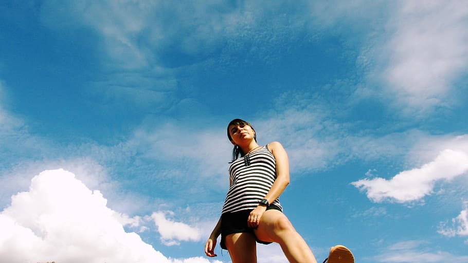sky, blue, cloud - sky, one person, young adult, women, young women HD wallpaper