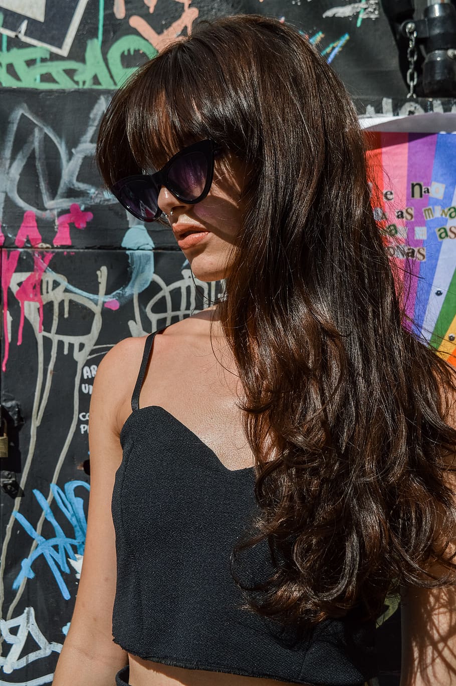Woman Wearing Black Sunglasses Near Graffiti Wall, attractive