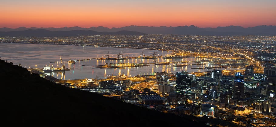 table bay, harbour, dawn, cape town, city, night, sky, cityscape, HD wallpaper