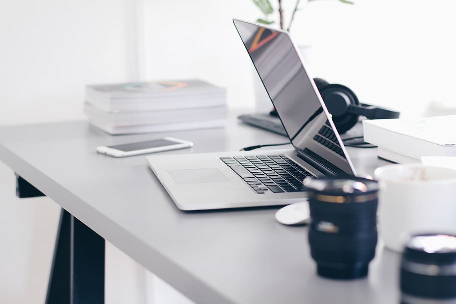 laptop, table, technology, office, desk, workspace, workplace HD wallpaper