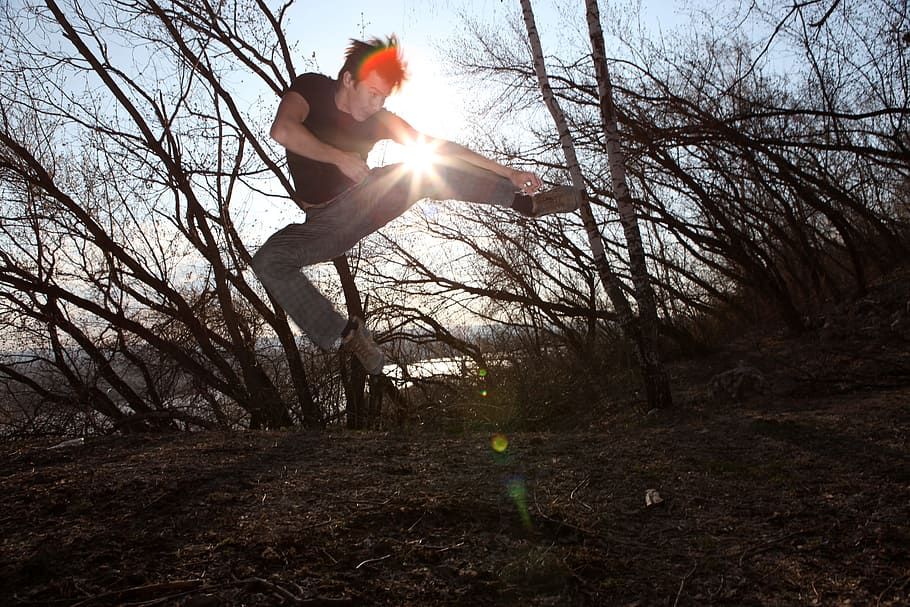 man, jumping, karate, woods, airborn, person, guy, fast, tree HD wallpaper