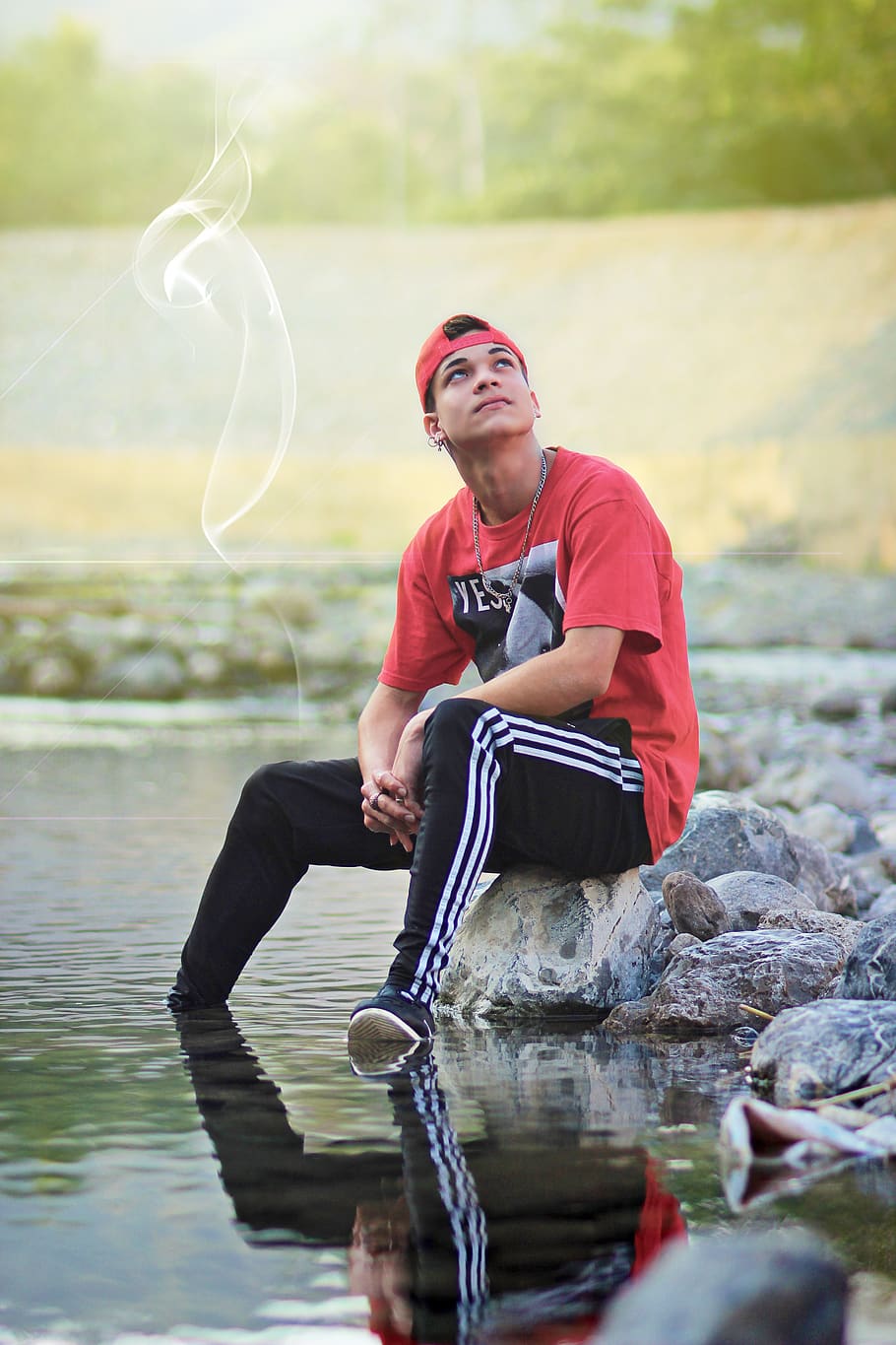 man, fashion, river, smoke, adult, young, stone, model, water HD wallpaper