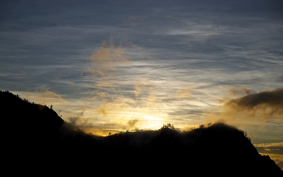 indonesia, malang, mount bromo, clouds, sky, trees, sun, dawn, HD wallpaper