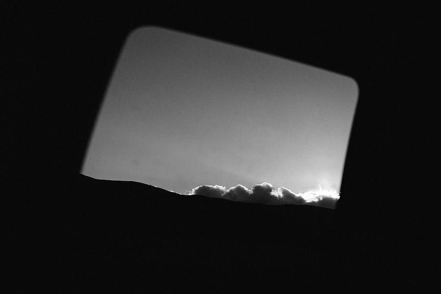 window, car, sky, clouds, sunrise, sunset, dramatic, black and white HD wallpaper