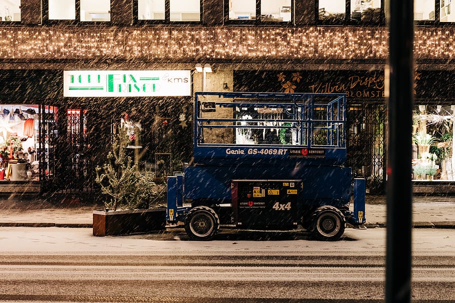 parked blue vehicle, truck, transportation, wheel, machine, spoke HD wallpaper