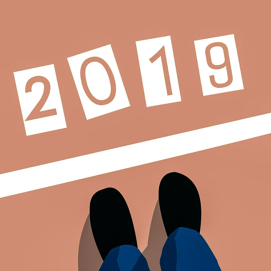 Illustration of feet standing at the starting line of a new year - 2019
