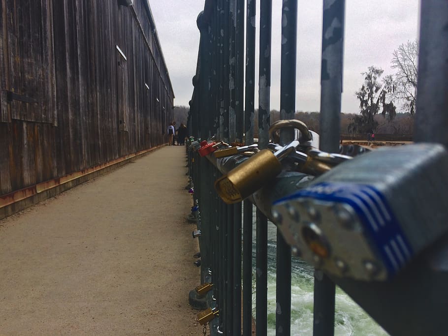 locks, wood pannels, outside, cold, trees, railing, water, architecture HD wallpaper