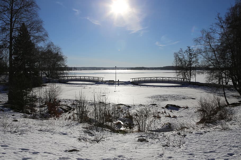 winter, snow, landscape, sun, spring, bridge, sky, finnish HD wallpaper