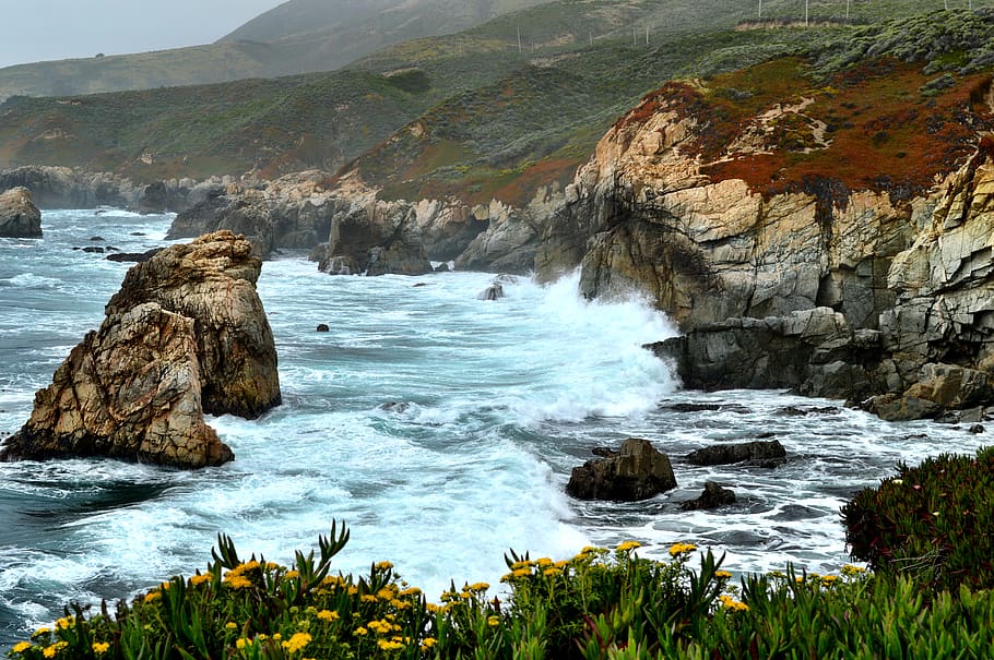 sea waves through boulders, promontory, nature, outdoors, water HD wallpaper