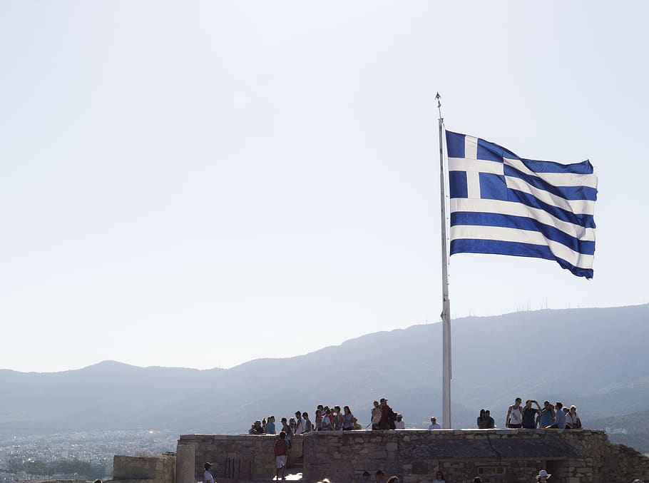 greece, athens, flag, acropolis, patriotism, sky, mountain HD wallpaper