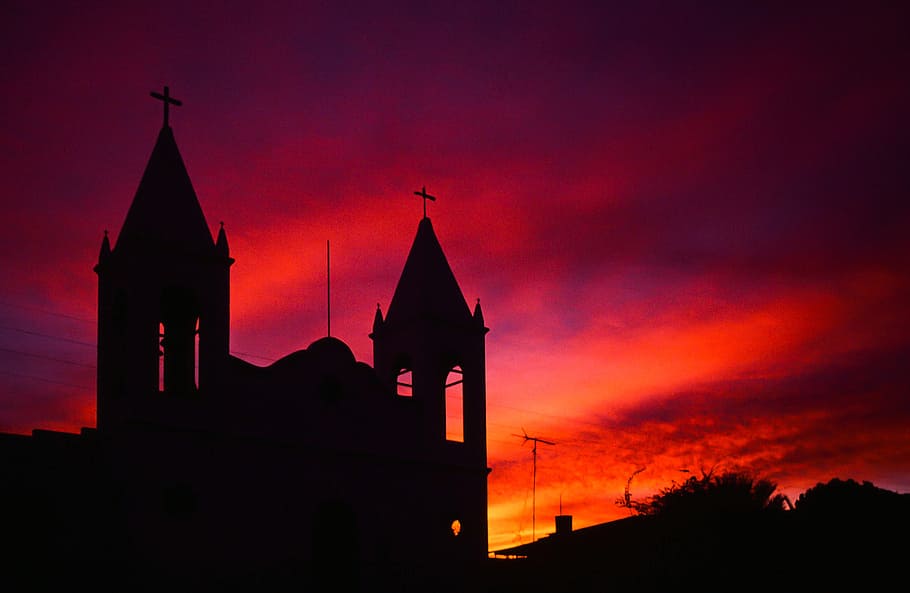 Red and Orange Clouds Over Church, architecture, beautiful, bright, HD wallpaper