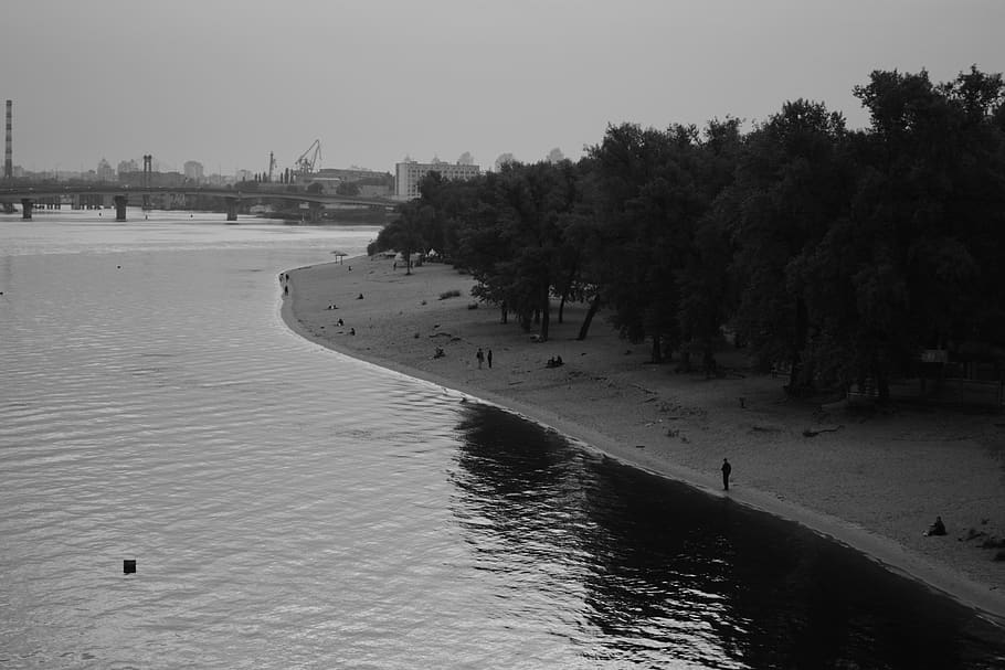 island, kyiv, bank, beach, sand, bridge, fishing, walking, trees, HD wallpaper