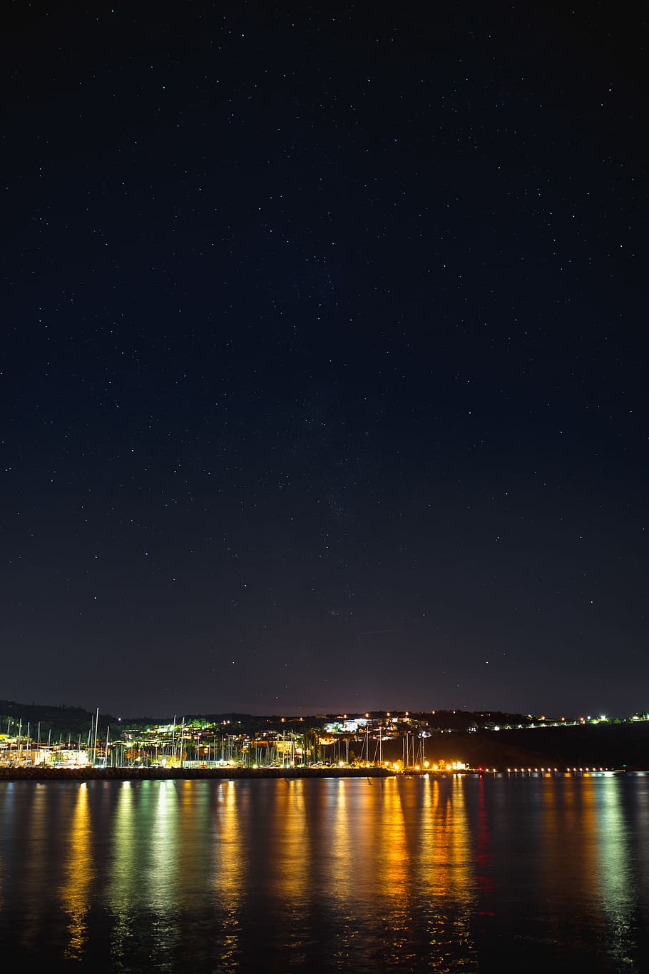 Starry sky at night over the marina, Izola, Slovenia, night sky, HD wallpaper