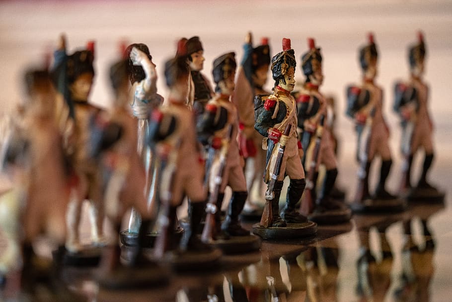 army figurine colleciton, human, person, toy, doll, barbie, chess