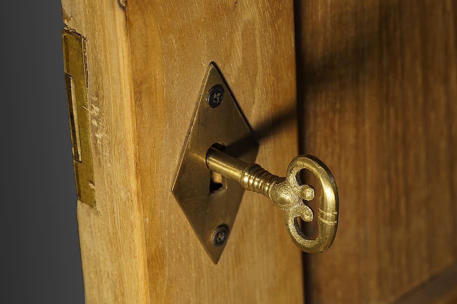 close, door, wood, input, security, castle, key hole, gold, HD wallpaper