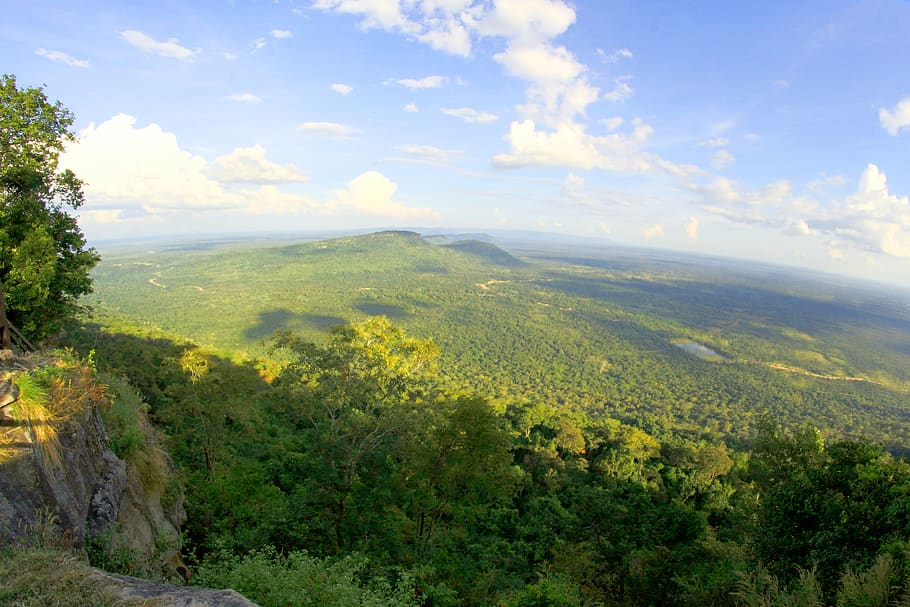 Cliff Near Hills and Trees Under Blue Sky, clouds, daylight, environment HD wallpaper