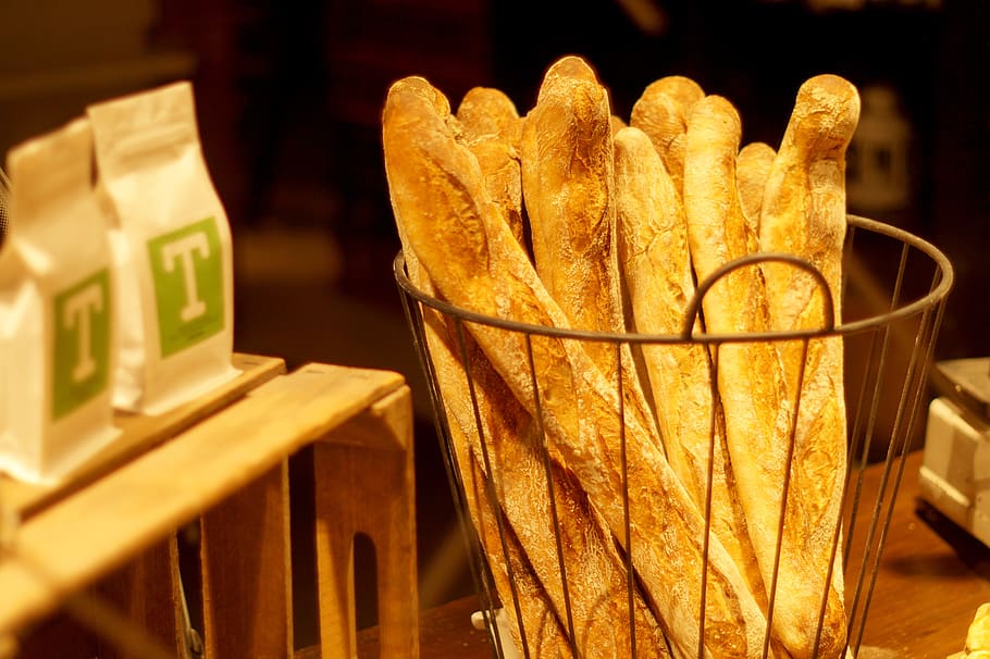 baguette, muffin, bakery, bread, fragrant, baking, shop, basket HD wallpaper