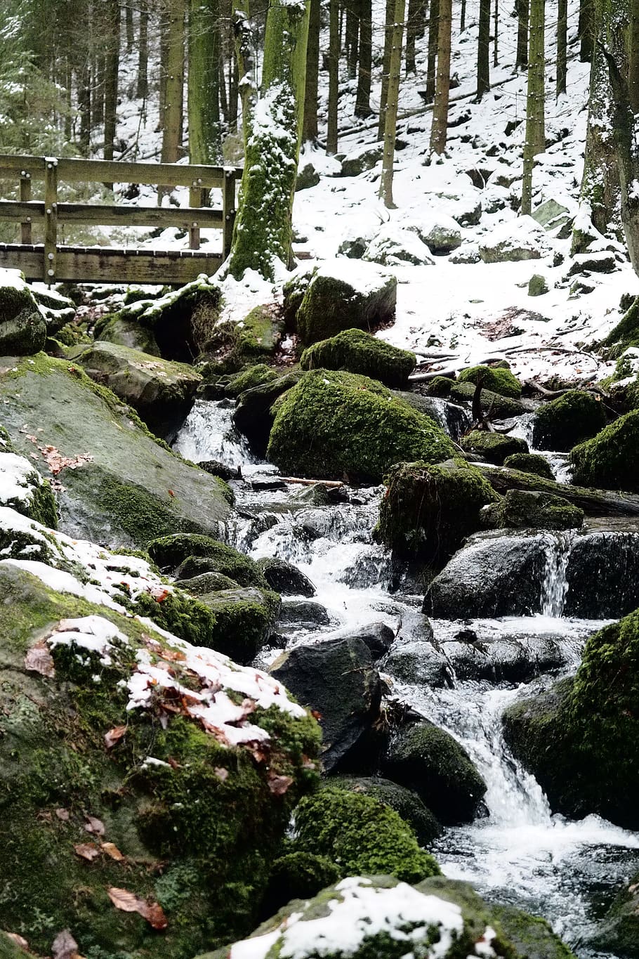 winter, bach, bridge, rock, water, snow, cold, nature, creek, HD wallpaper