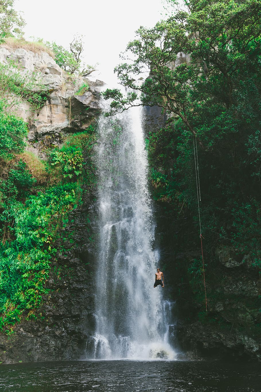 waterfall, green, grass, moss, tree, plant, nature, people HD wallpaper