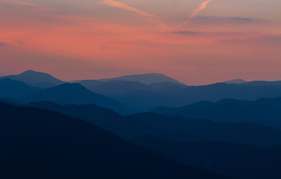 silhouette mountain wallpaper, sunset, outdoors, red sky, sunrise HD wallpaper