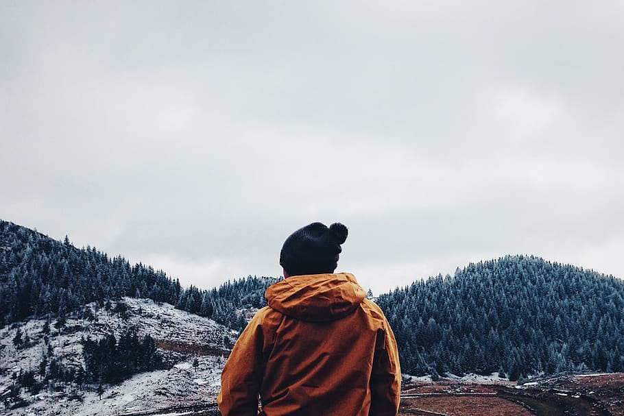 man standing, winter, rear view, sky, cold temperature, clothing HD wallpaper