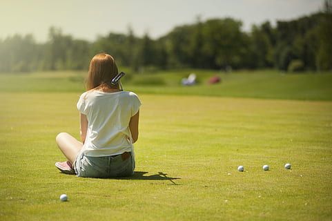 Photo of Woman Sitting on Grass Field, back, back view, balls HD wallpaper
