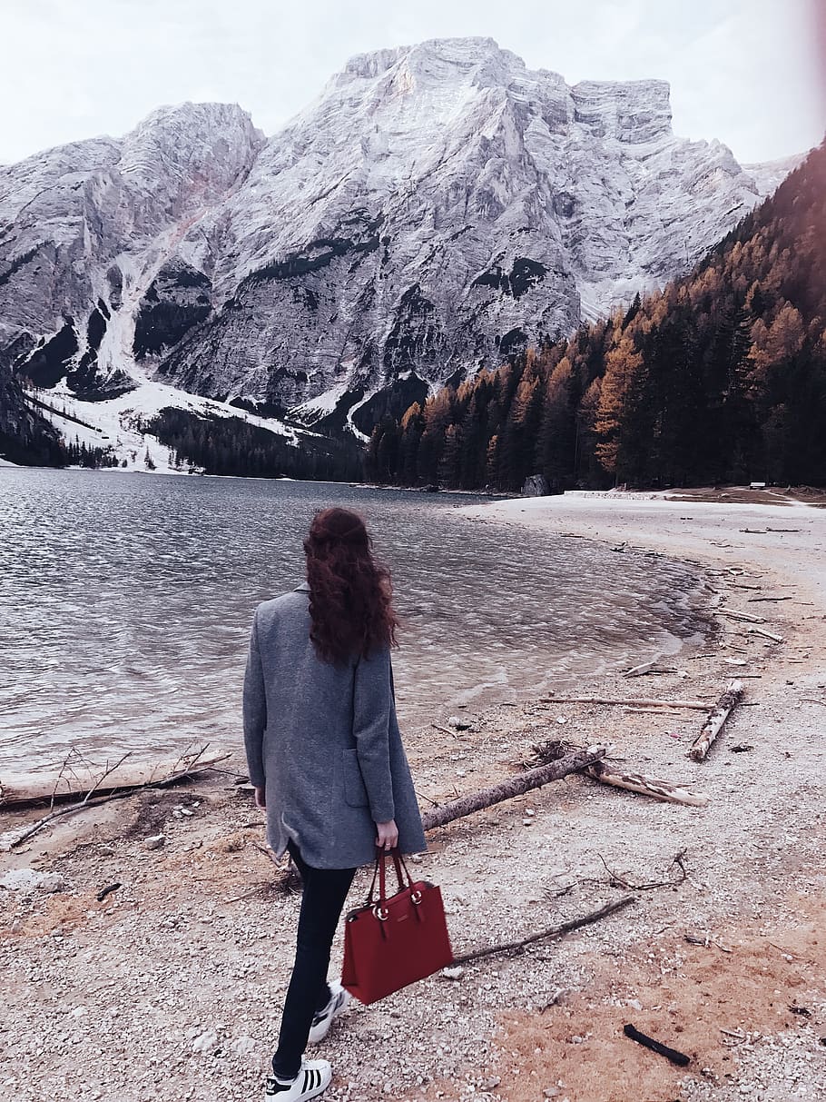 italy, pragser wildsee, forest, girl, woman, back. behind, nature