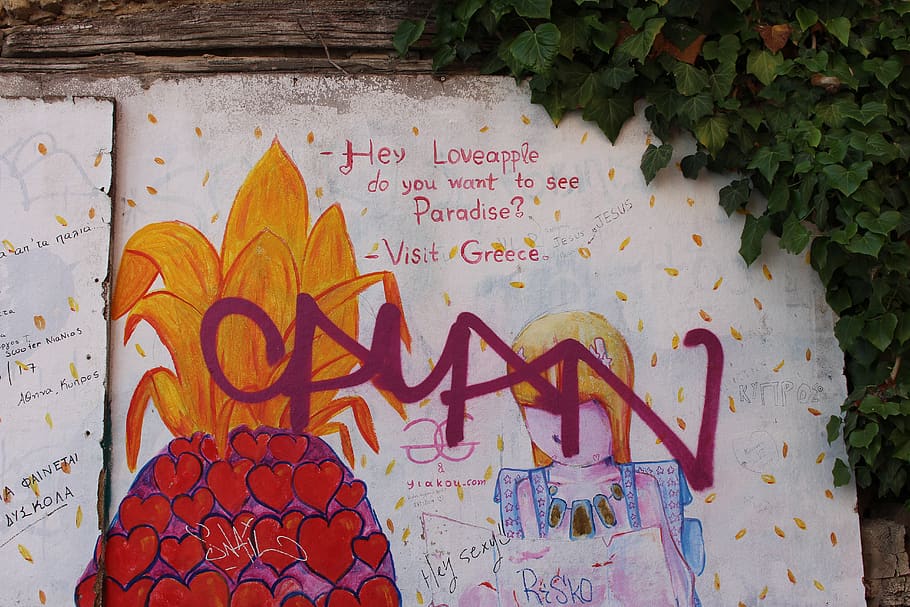 greece, athens, graffiti, pineapple, loveapple, jesus, paradise HD wallpaper