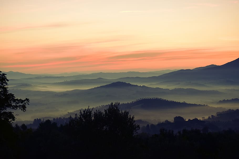 HD wallpaper: tuscany, hills, mountains, fog, sunrise, countryside ...