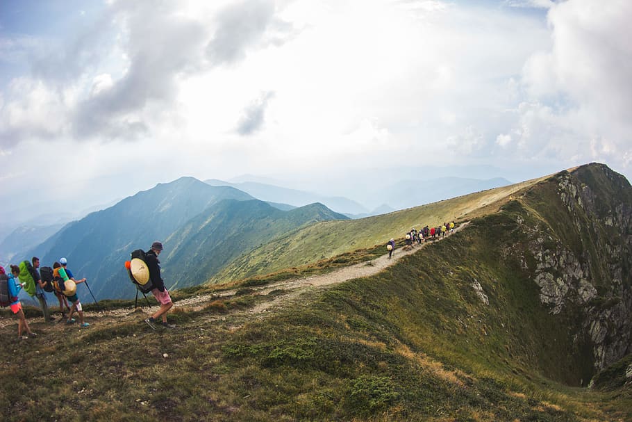 People on Mountain, climb, climbers, clouds, daylight, environment HD wallpaper