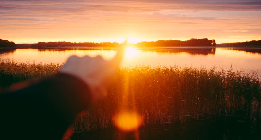sweden, sea, hand, pointing, summer, sun, sunrise, sunset, sunlight, HD wallpaper