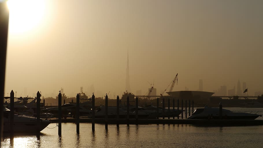 yachts, sunset, dubai, water, sky, transportation, architecture HD wallpaper