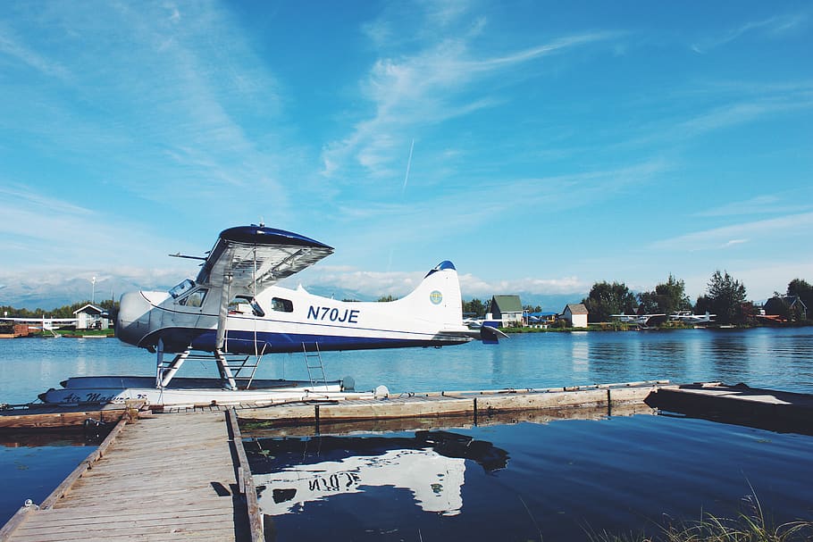 mountain, blue, water, plane, lake hood, alaska, floatplane, HD wallpaper