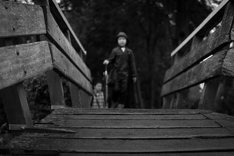 bridge, boy, black and white, one person, architecture, wood - material HD wallpaper