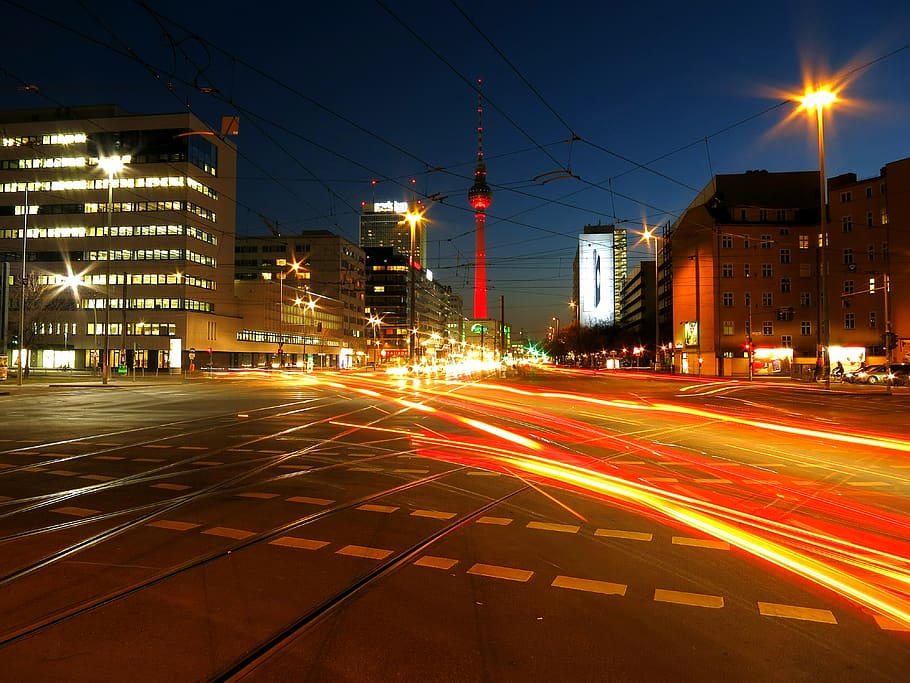 germany, berlin, alexanderplatz, illuminated, city, street, HD wallpaper