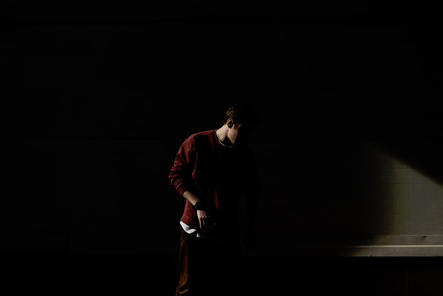 people, man, guy, millenials, red, sweater, dark, shadows, one person HD wallpaper