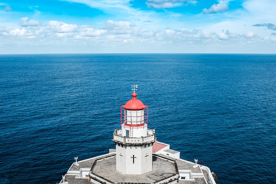 wallpaper, ocean, hd wallpaper, lighthouse, azores, sky, blue, HD wallpaper