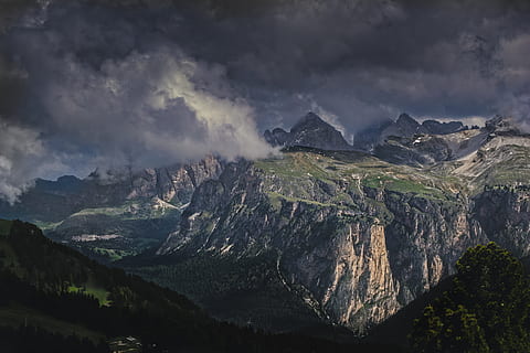 bird's eye view of mountains under nimbus cumulus clouds, tree HD wallpaper