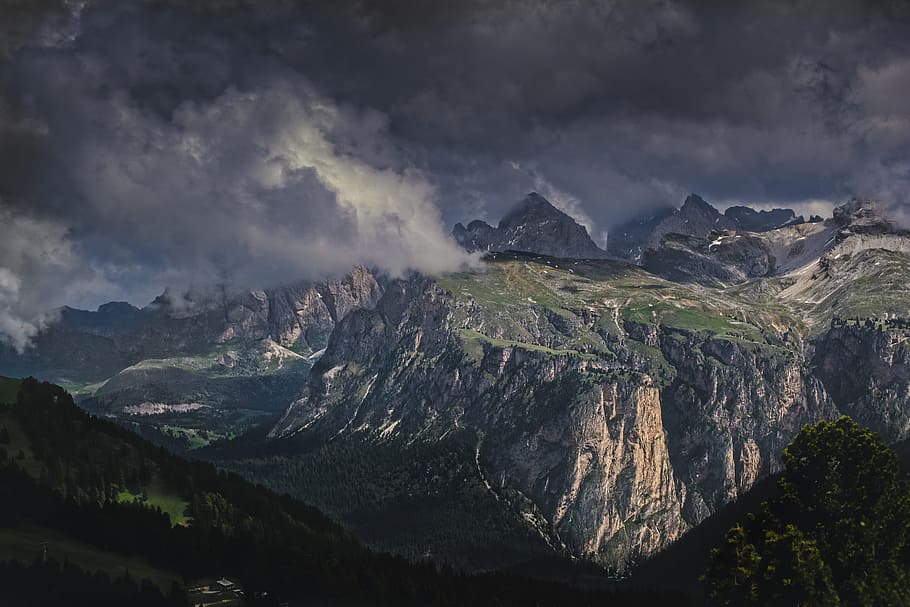 bird's eye view of mountains under nimbus cumulus clouds, tree HD wallpaper