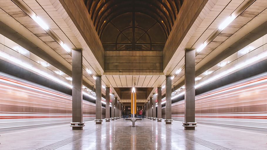 Metro station and two underground train in motion, architecture HD wallpaper