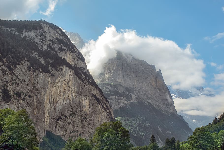 mountain, sky, clouds, panorama, adventure, lauterbrunnen, switzerland HD wallpaper