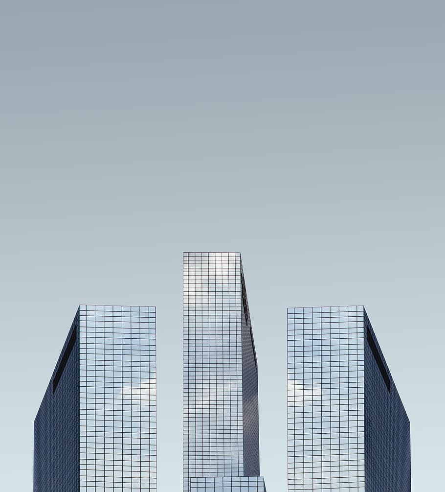 glass buildings under blue sky, symmetry, reflection, architecture HD wallpaper