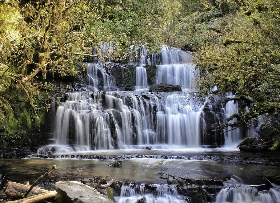 waterfalls with green trees, beauty in nature, motion, scenics - nature HD wallpaper