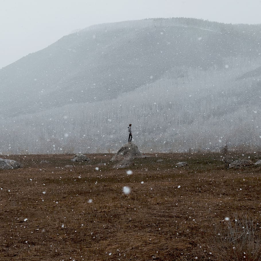 nature, landscape, rocks, snow, mountain, people, standing HD wallpaper