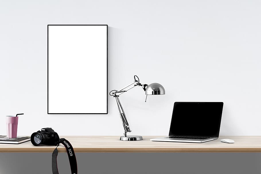 poster, frame, laptop, camera, desk, computer, technology, table HD wallpaper