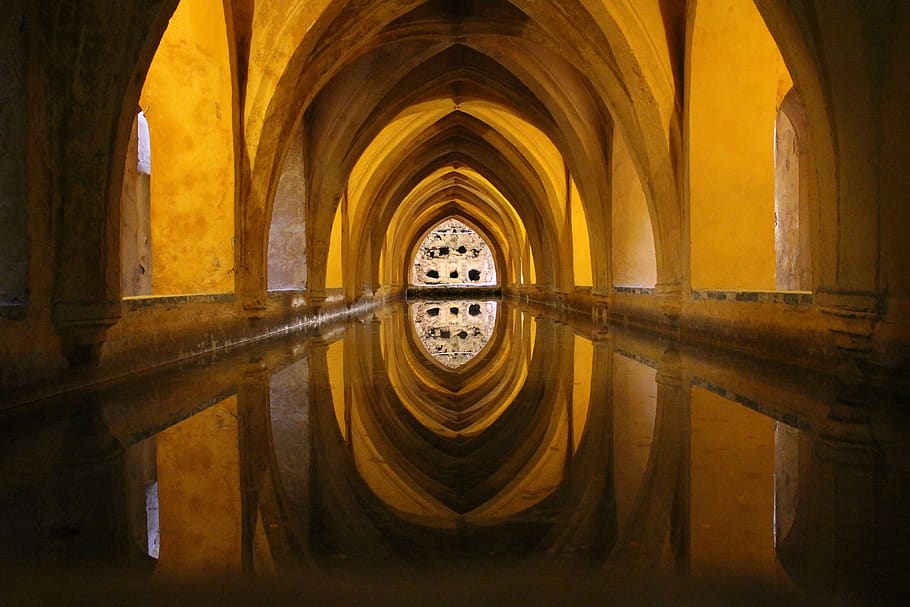 yellow concrete building, arch, architecture, indoors, no people HD wallpaper