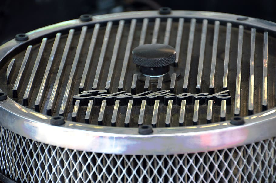 mark, edelbrock, chrome, radiator, hood, vehicle, close-up HD wallpaper