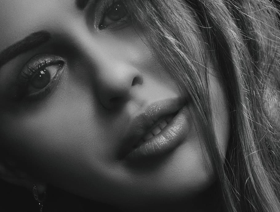 Closeup Photo of Woman's Face, beautiful, beauty, black and white, HD wallpaper